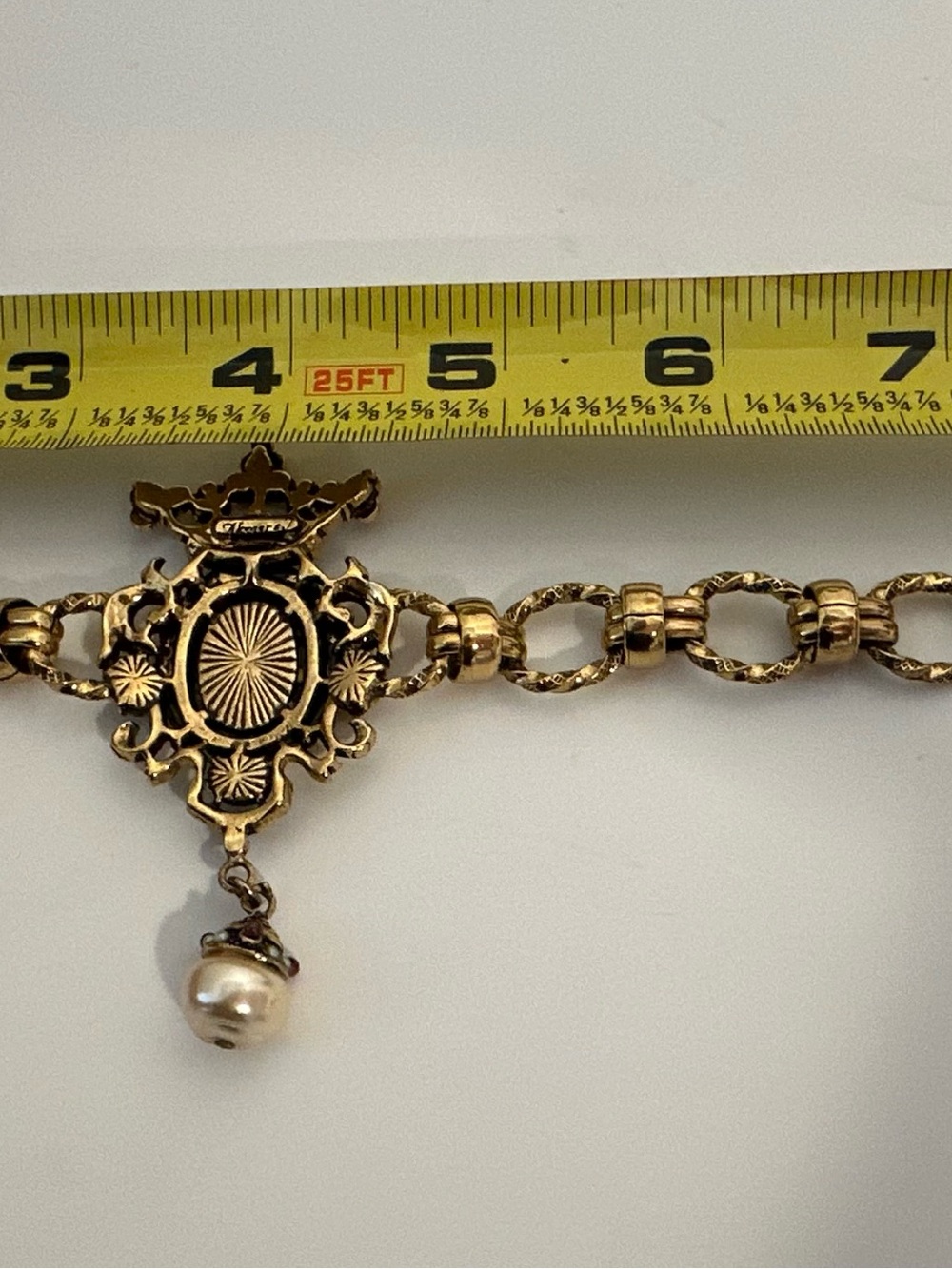 Gold-Tone Crest Bracelet with Red, Green & Pearl Drop - Picture 12 of 12
